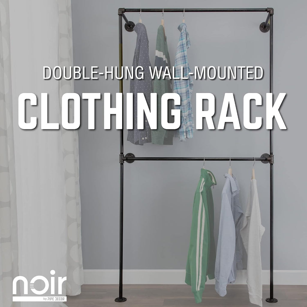 PIPE DECOR 2-Tier Wall Mounted Industrial Pipe Clothing Rack, 38.5 in W x 78.5 in H, Matte Black Pipe, Fittings and Flanges, Industrial Design and Look for Home, Retail or Commercial Use