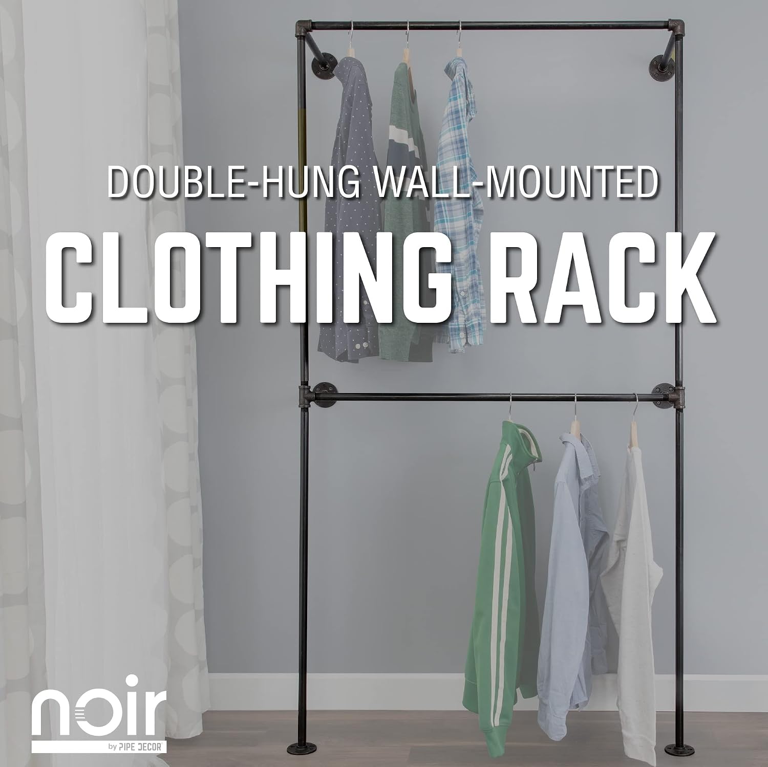 PIPE DECOR 2-Tier Wall Mounted Industrial Pipe Clothing Rack, 38.5 in W x 78.5 in H, Matte Black Pipe, Fittings and Flanges, Industrial Design and Look for Home, Retail or Commercial Use