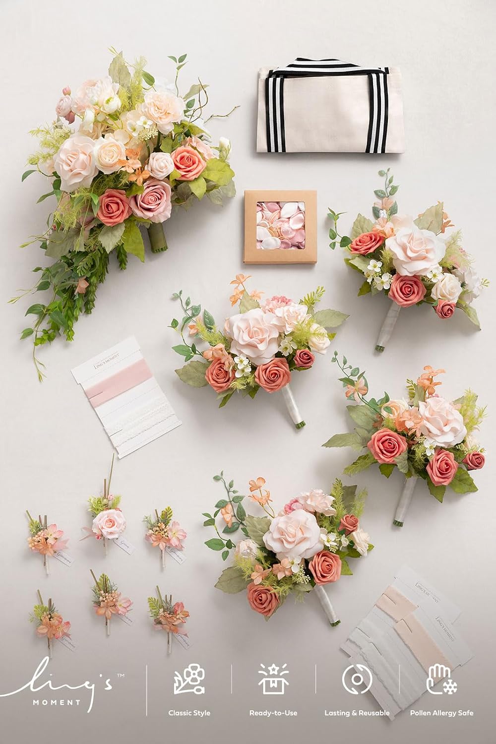 Ling's moment Wedding Artificial Flowers Package, Bridal Bouquet, Bridesmaid Bouquets, Boutonniere for Men, Rose Petals.Peach Smoothie Blush