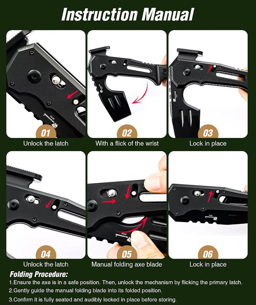 HX OUTDOORS Folding Hatchet Axe Survival Multitool, DC53 Steel Blade with Black Titanium, Camping Hatchet with Hammer, G10 Handle for Outdoor Gear,Various Tactical and Survival(Black)