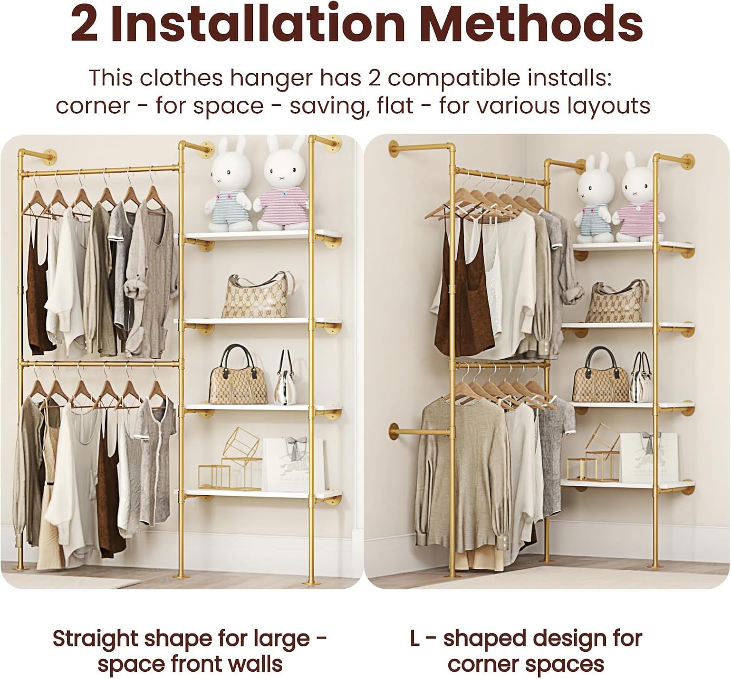 Industrial Pipe Clothing Rack, Heavy Duty Adjustable Garment Hanger with Shelves, 2 Installation Methods Closet Storage System for Wardrobe Organization (Gold, 80' H x 55' W)
