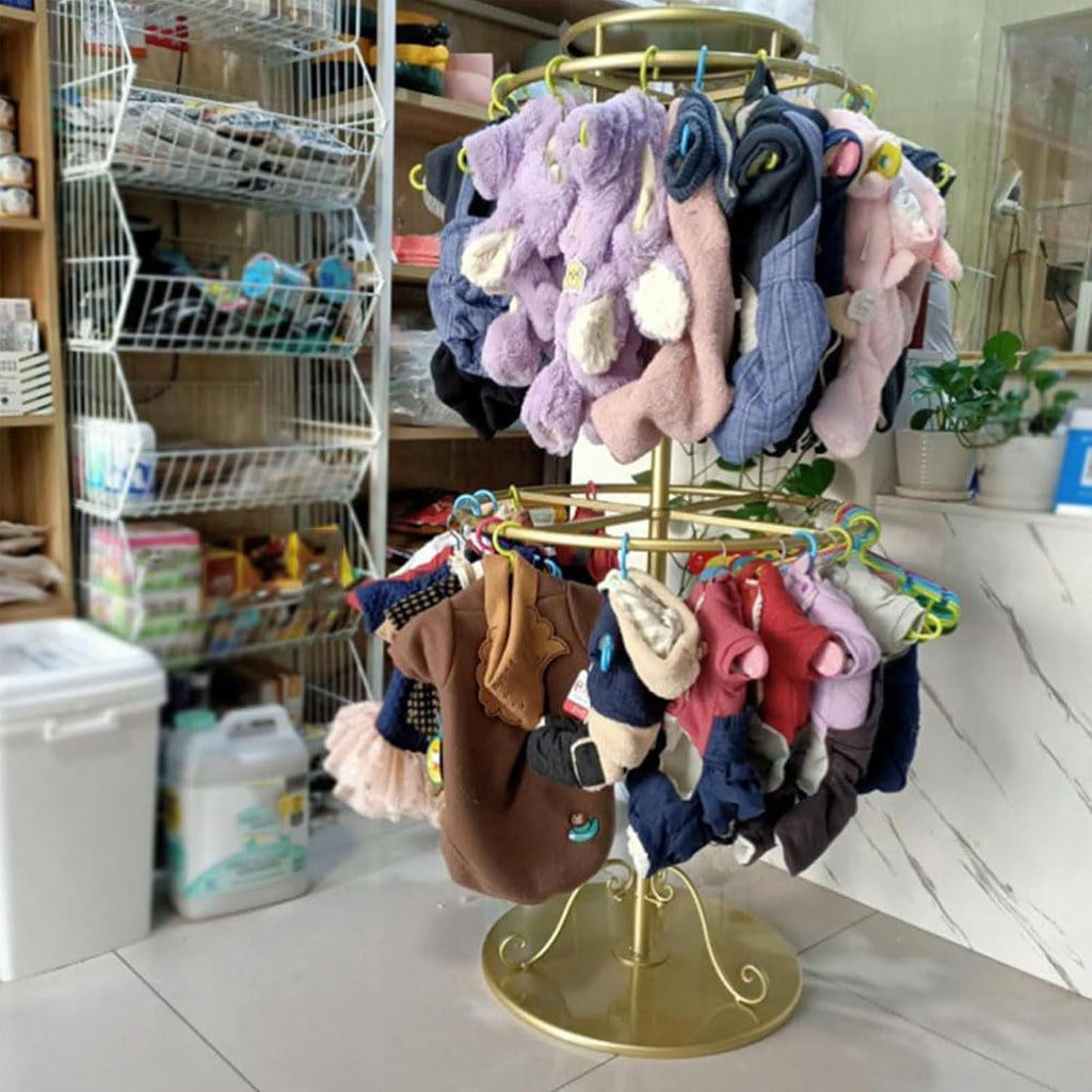 Rotatable Round Clothes Rack, 2-tier Retail Kids Garment Rack with Top Shelf and Wheels, Retail Clothing Display Stand with Wheels, for Boutique Retail Display(Gold)