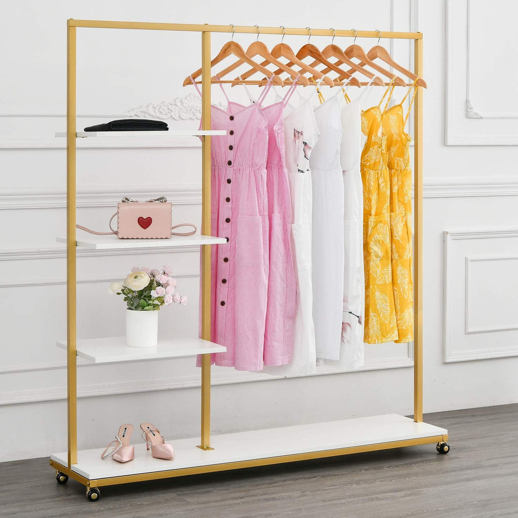 Gold Clothes Racks with 4-Tier Wood Shelves, Modern Freestanding Gold Clothing Racks for Hanging Clothes Display Racks,Rolling Clothing Racks for Boutique, Cloth Store