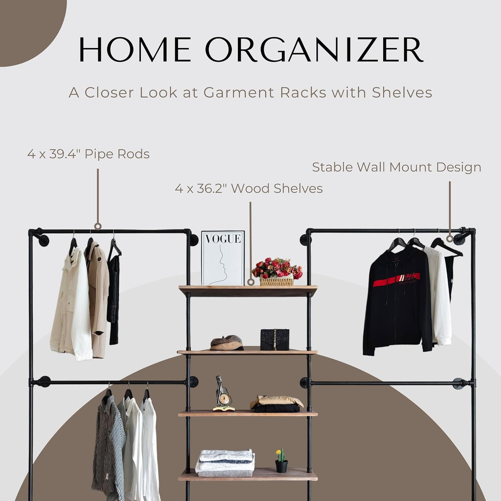 Industrial Pipe Clothing Rack Wall Mounted, DIY Custom Closet System with Shelves, Heavy Duty Garment Hanging Rack for Walk in Closet, Laundry Room, Retail Display, 14.6x122.8x82.7 in, Y05