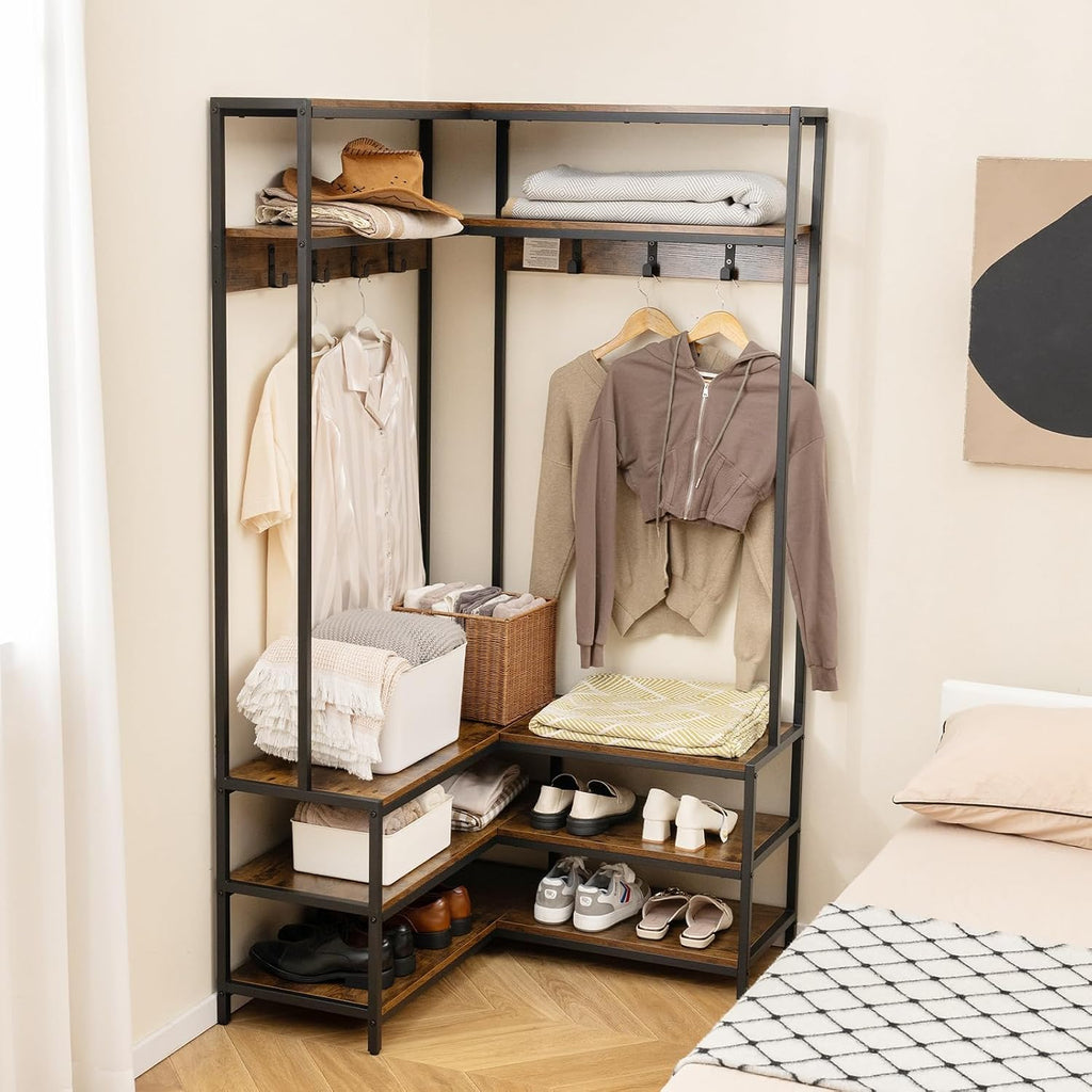 Giantex Corner Coat Rack with Shoe Bench, L-Shaped Garment Rack with 5 Shelves & 7 Hooks, Heavy Duty Freestanding Clothes Rack Entryway Bench with Shoes Organizer for Hallway (Rustic Brown & Black)
