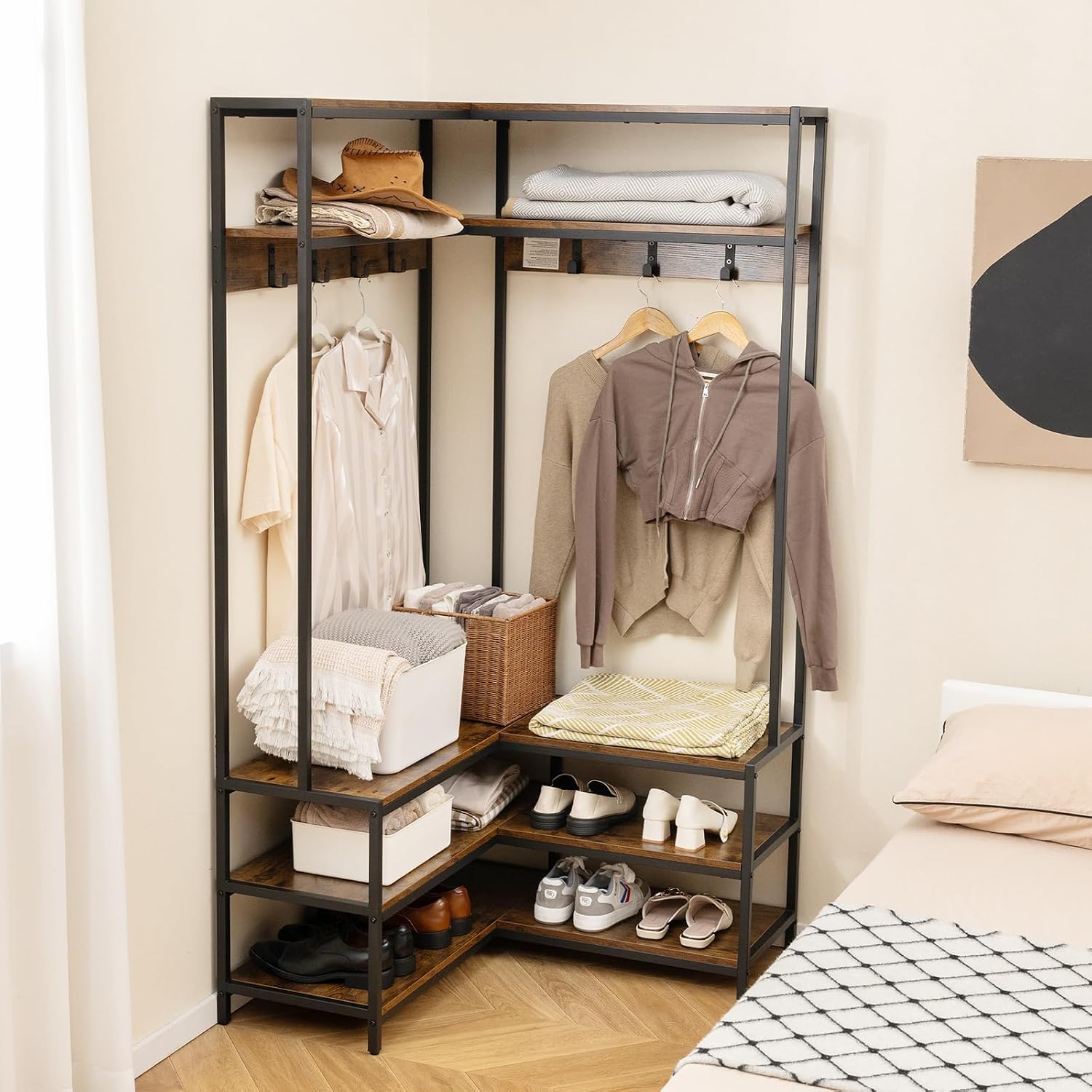 Giantex Corner Coat Rack with Shoe Bench, L-Shaped Garment Rack with 5 Shelves & 7 Hooks, Heavy Duty Freestanding Clothes Rack Entryway Bench with Shoes Organizer for Hallway (Rustic Brown & Black)