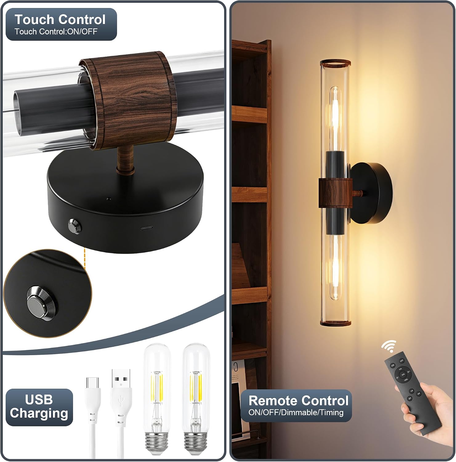 Morauroral Black Walnut Battery Operated Wall Sconces Set of 2, Rechargeable Wall Lights with Remote, 20 Inch Modern Wireless Sconces Wall Lighting for Bedroom, Living Room,TV with Glass Shade