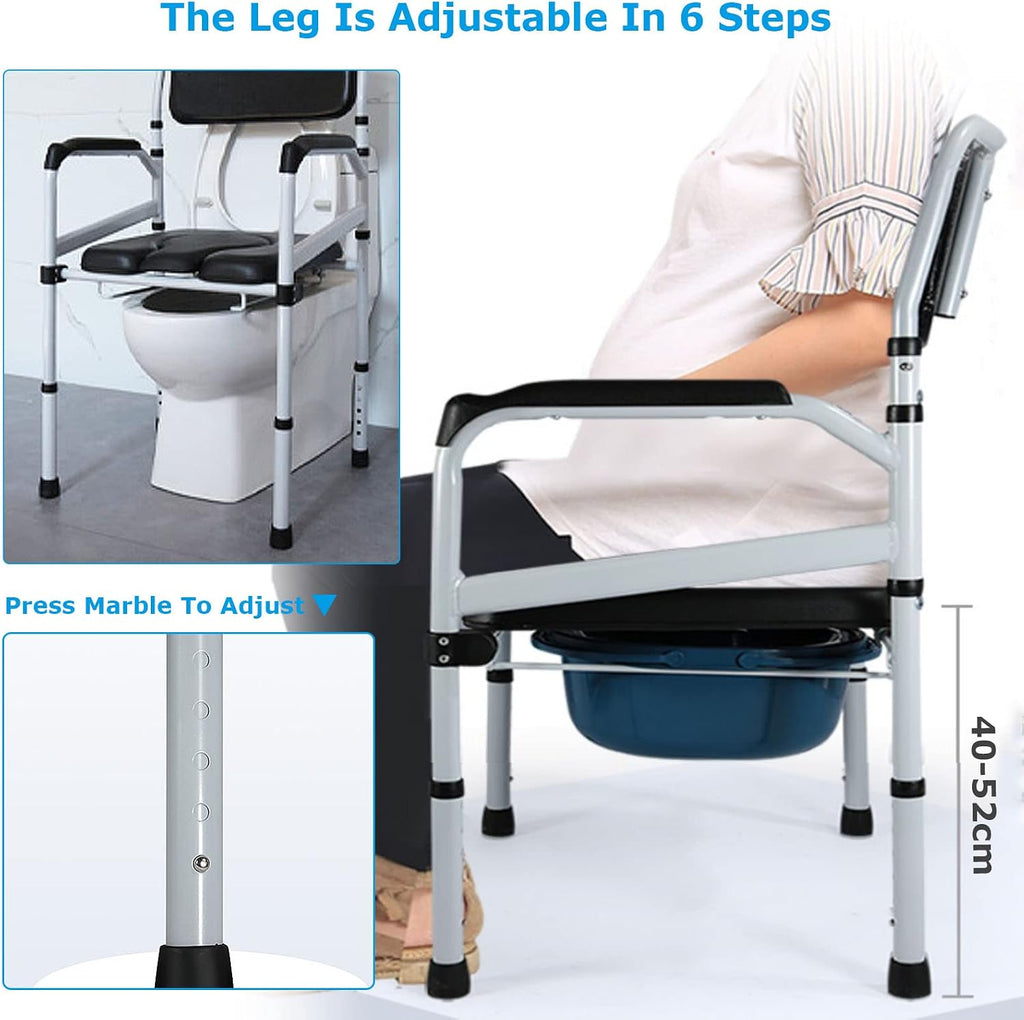Bedside Commode Chair, Heavy-Duty Raised Toilet Seat with Handles, 6-Gears Height Adjustments, 180kg Capacity, Portable Bathroom Potty Chair for Adults