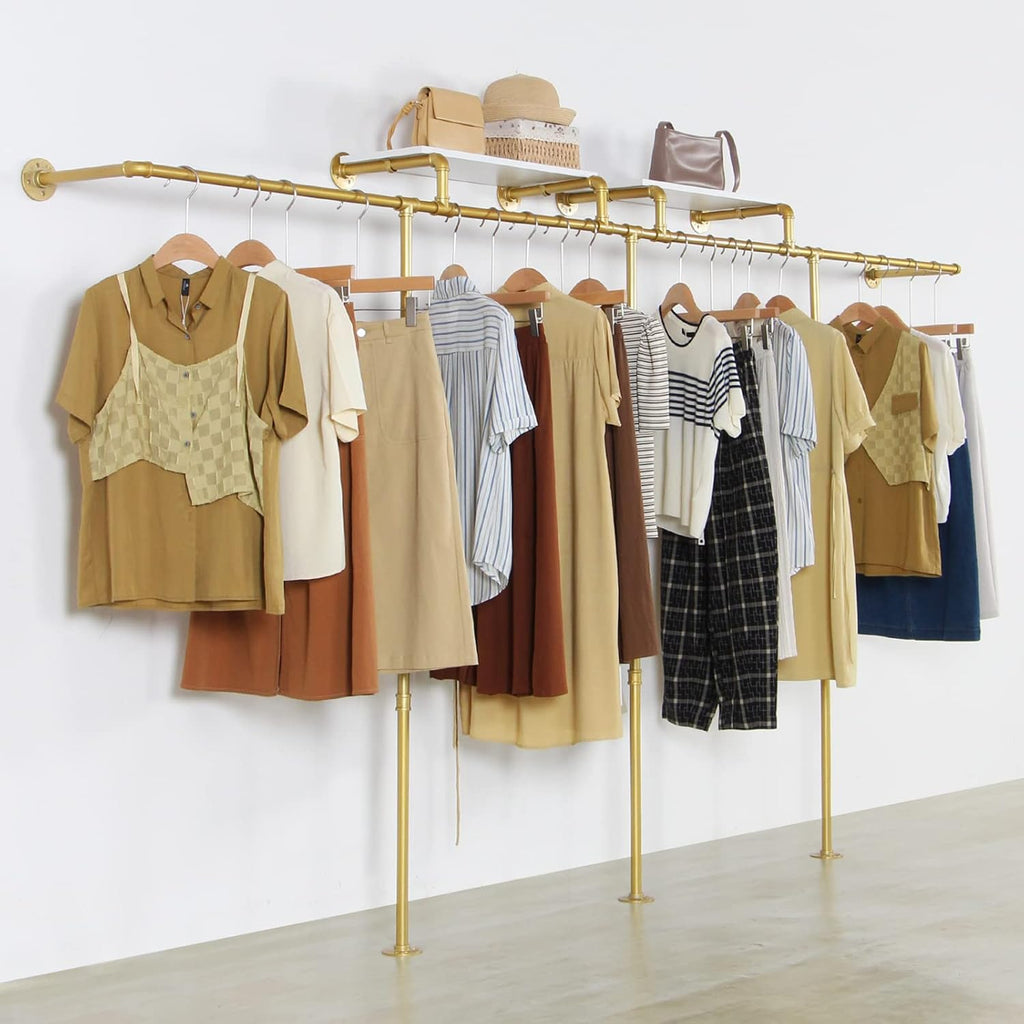 Wall Mounted Gold pipe clothing rack with 3 T-Bar Design and Nano Gold Finish with 2 Wooden Shelves Heavy Duty Wall Mounted Iron Garment Bar for Retail Display and Closet Storage
