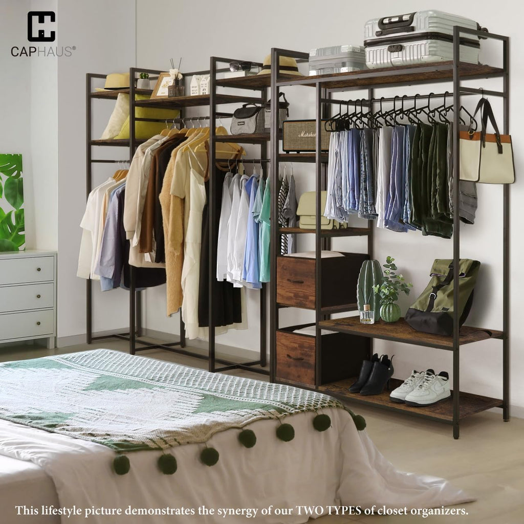CAPHAUS 979lbs Capacity Garment Rack for Hanging Clothes, Heavy Duty Open Wardrobe w/Hanging Rods & Fabric Drawers, Free Standing Closet Organizer, Metal Closet Rack w/Rustic Oak Wooden Shelves