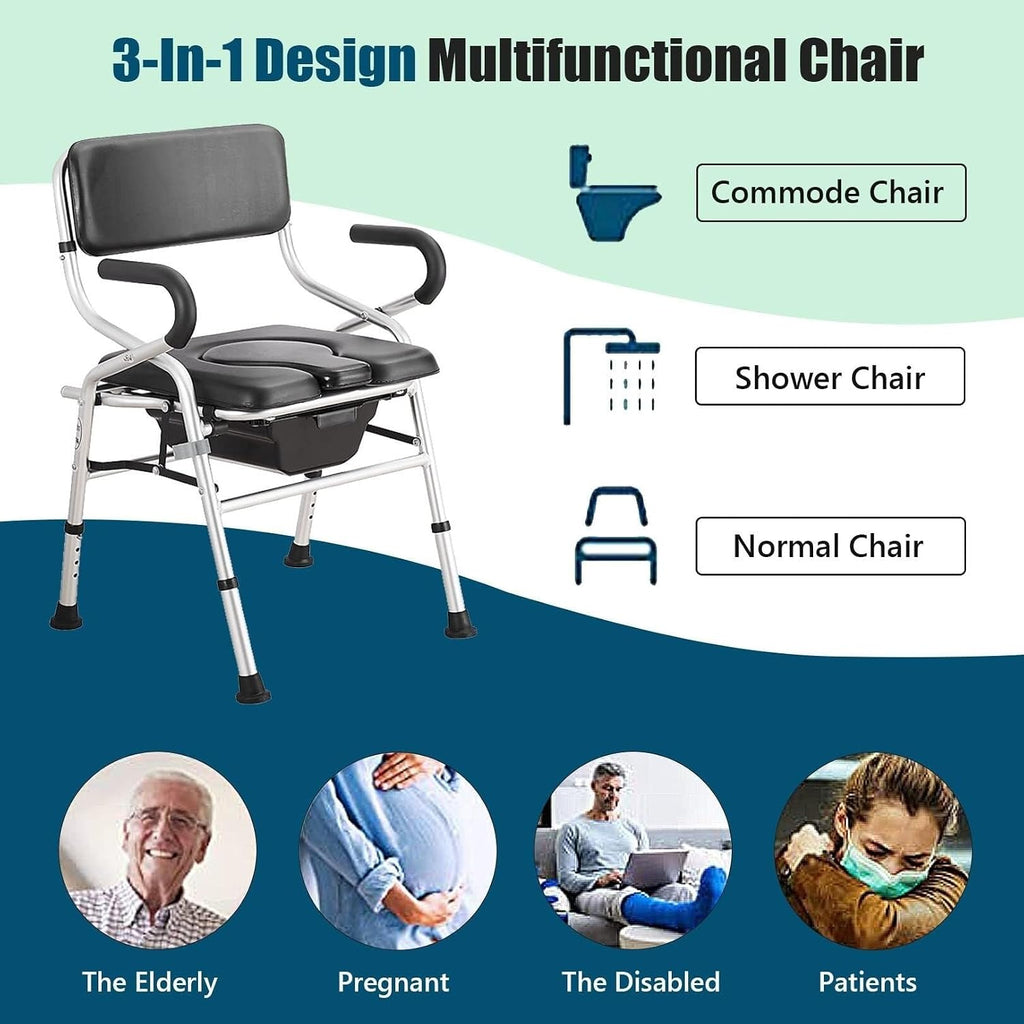 Bariatric Bedside Commode, Folding 3 in 1 Toilet Seat Chair with Bucket, Portable, Extra Wide, Adjustable Height Heavy Duty Adult Bathroom