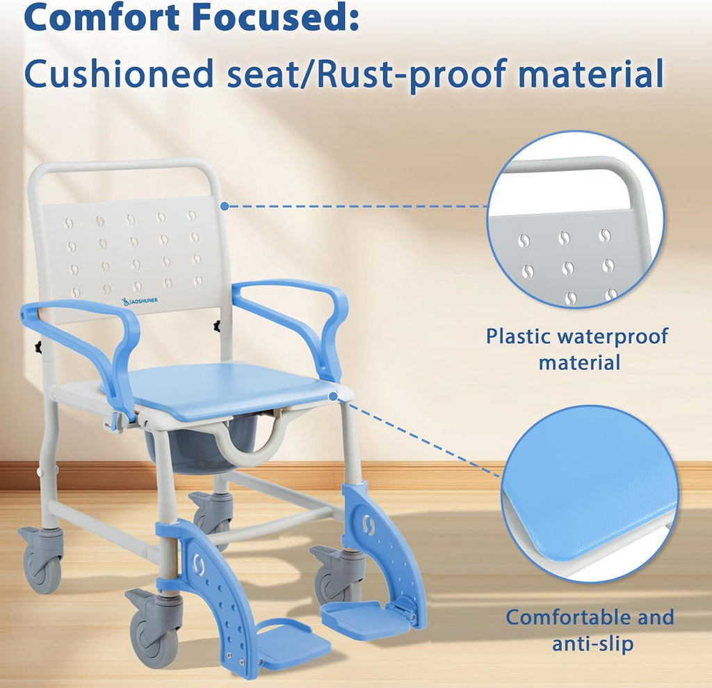 4-in-1 Bedside Commode Chair for Elderly, Rolling Shower Chair with Drop Arms & Lockable Wheels, Anti-Tilt Heavy Duty Waterproof Shower Wheelchair, 350lbs Capacity (Blue)
