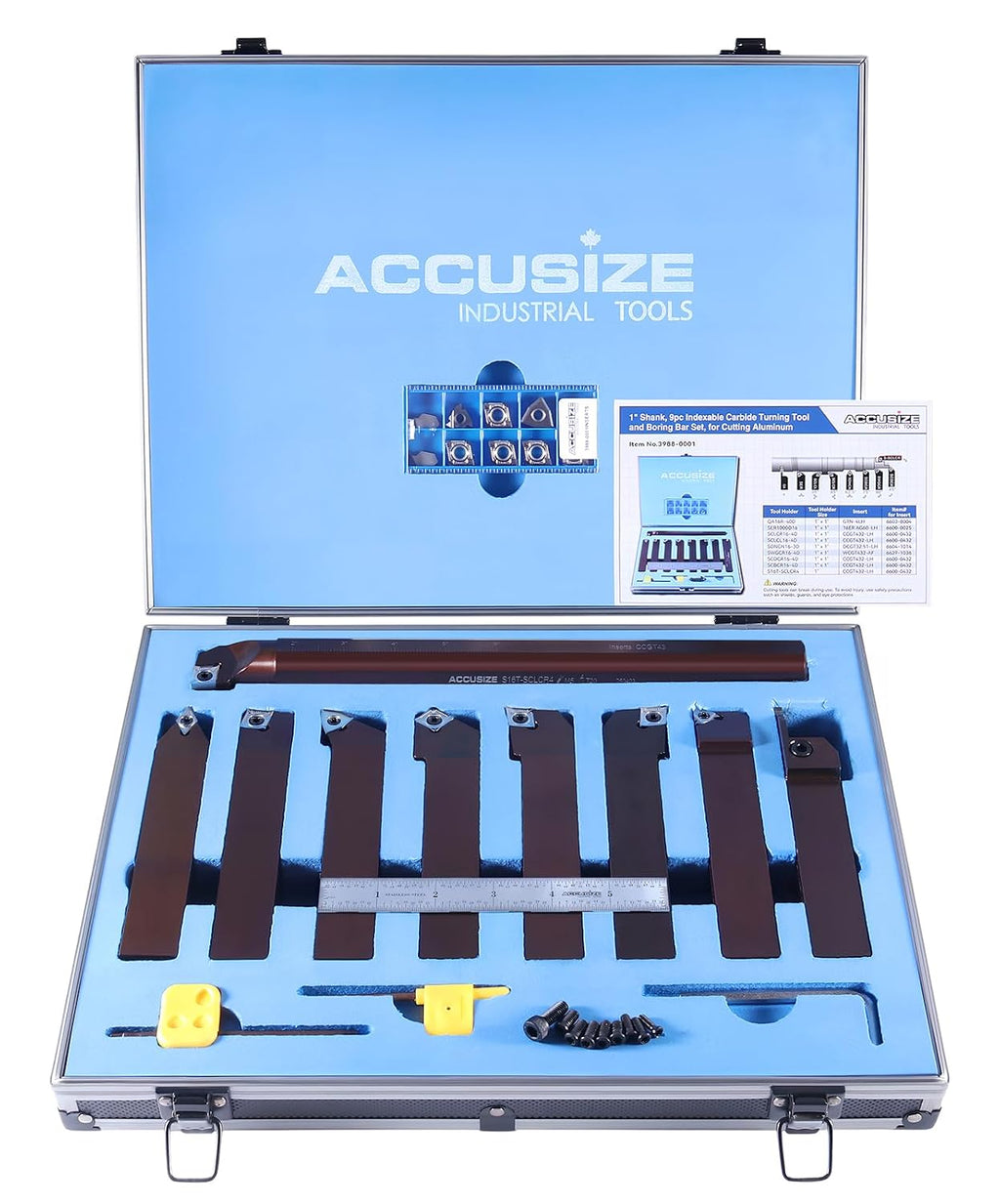 Accusize 1' Shk 9-Pc Indexable Turning & Boring Set for Aluminum, 3988-0001 | Uncoated Sharp-Edge Carbide Inserts for Aluminum, 9-Piece Indexable Turning and Boring Set