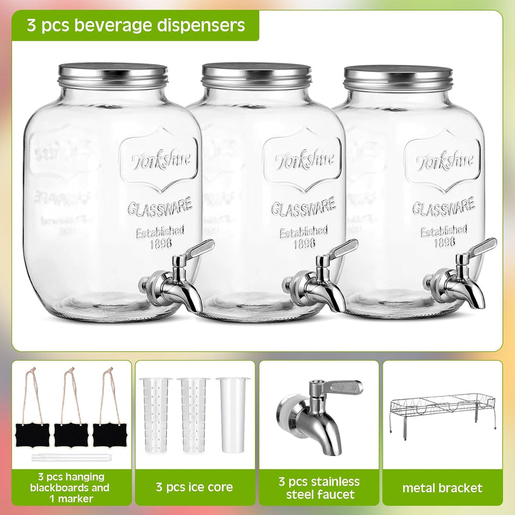Lallisa 3 Pcs 2.5 Gallon Beverage Dispensers for Parties Glass Drink Water Dispenser with Stand Stainless Steel Leakproof Spigot Ice Cylinder Hanging Chalkboard Signs Pen(Silver)