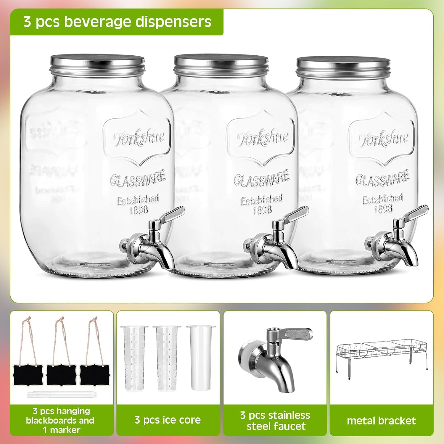 Lallisa 3 Pcs 2.5 Gallon Beverage Dispensers for Parties Glass Drink Water Dispenser with Stand Stainless Steel Leakproof Spigot Ice Cylinder Hanging Chalkboard Signs Pen(Silver)
