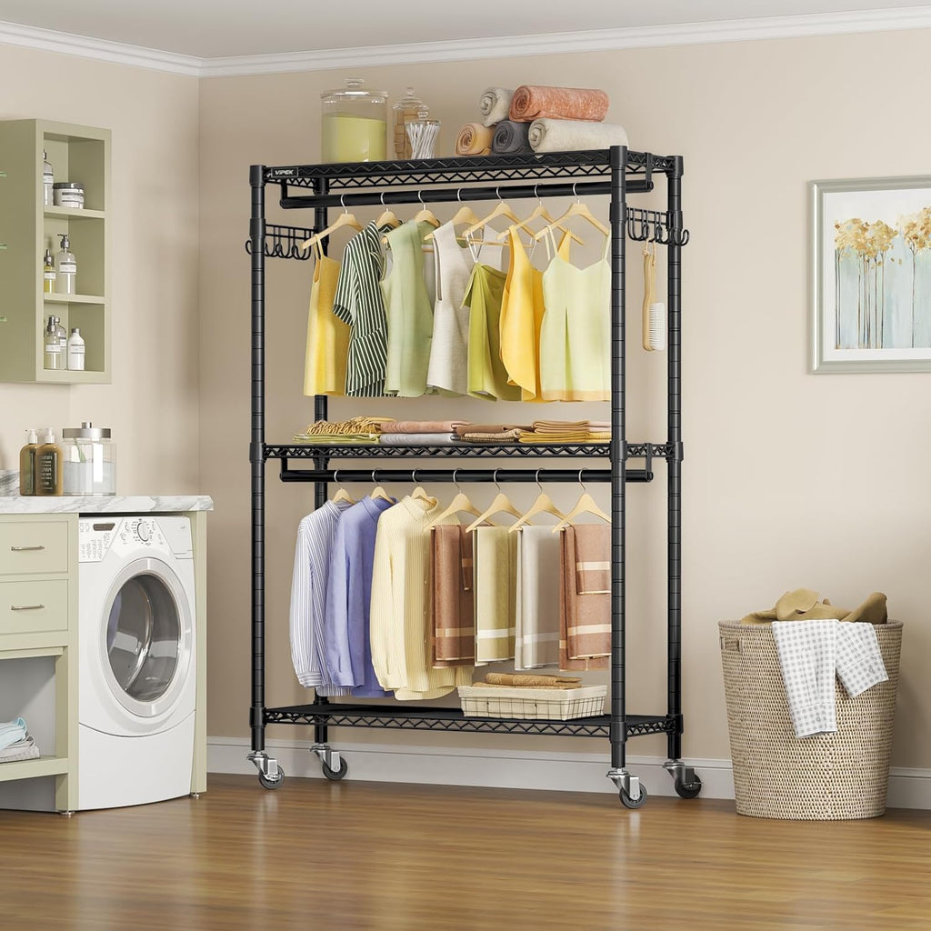 VIPEK R2 Plus Heavy Duty Rolling Garment Rack 3 Tiers Adjustable Wire Shelving Clothes Rack with Double Rods and Side Hooks, Freestanding Wardrobe Storage Rack Metal Clothing Rack, Black