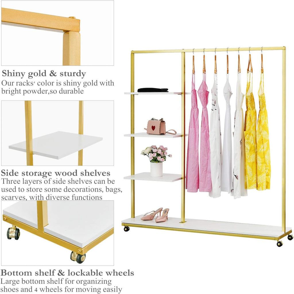 Gold Clothes Racks with 4-Tier Wood Shelves, Modern Freestanding Gold Clothing Racks for Hanging Clothes Display Racks,Rolling Clothing Racks for Boutique, Cloth Store