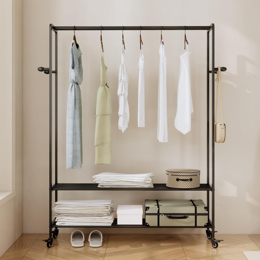 Black Rolling Garment Rack with Shelves and Hooks,Freestanding Metal Clothing Rack with Wheels,Large Clothes Hanging Rack for Bedroom,Closet, Entryway,Wardrobe,Boutique Display