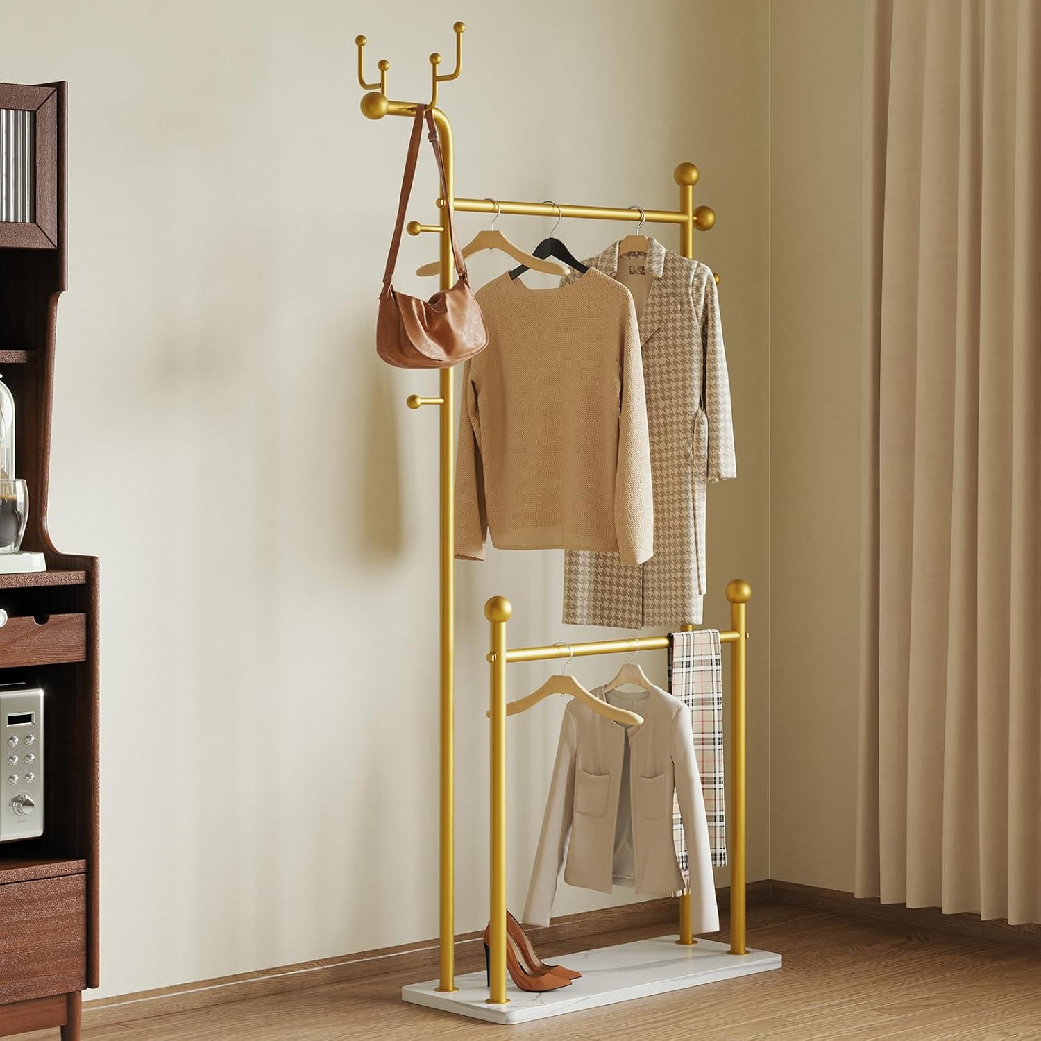Gold clothing rack marble base,Heavy Duty Clothes Rack for Hanging Clothes,Double Rail Garment Rack with Hooks for Home Retail Boutique (gold)