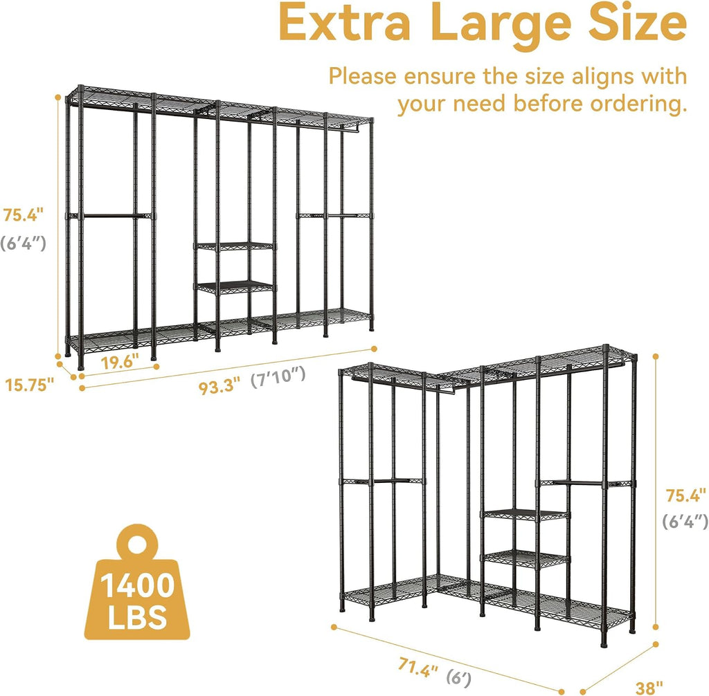 Higeego H5 Extra Large Wire Garment Rack, Heavy Duty Clothes Rack, Freestanding Clothing Rack for Hanging Clothes, Wardrobe Closet with Adjustable Shelf, 93.3' Wx15.7 Dx75.4 H, Black, Load 1400 lbs