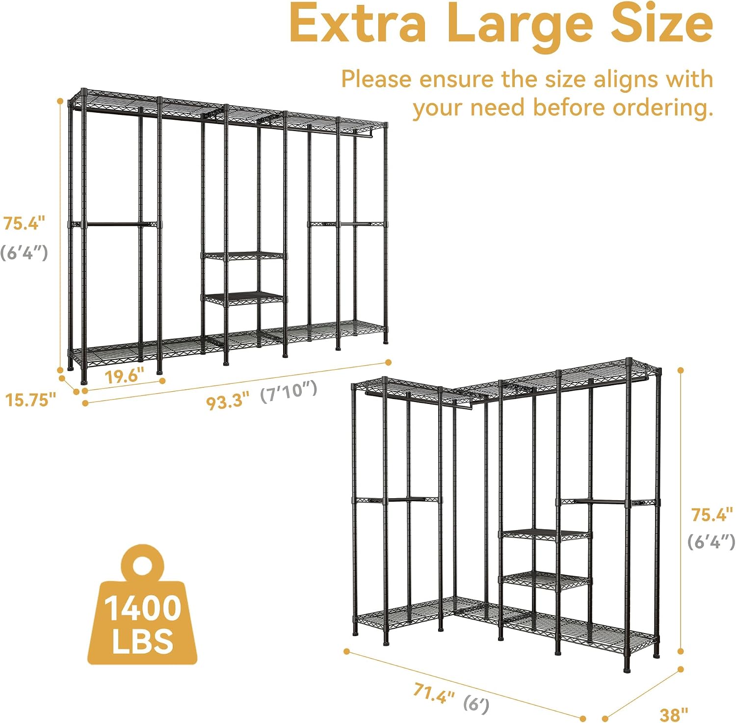 Higeego H5 Extra Large Wire Garment Rack, Heavy Duty Clothes Rack, Freestanding Clothing Rack for Hanging Clothes, Wardrobe Closet with Adjustable Shelf, 93.3' Wx15.7 Dx75.4 H, Black, Load 1400 lbs