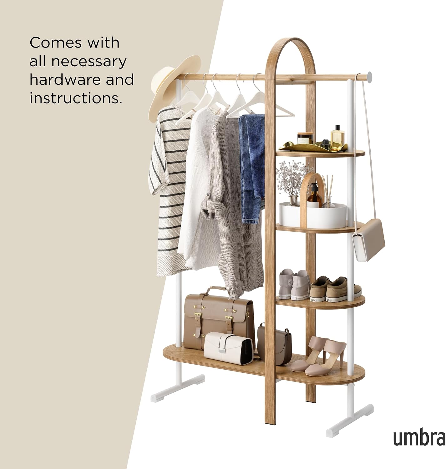 Umbra Bellwood Garment Rack Clothes Stand for Clothing, Coats, Dresses, with Shelf for Shoes and Accessories, White/Natural