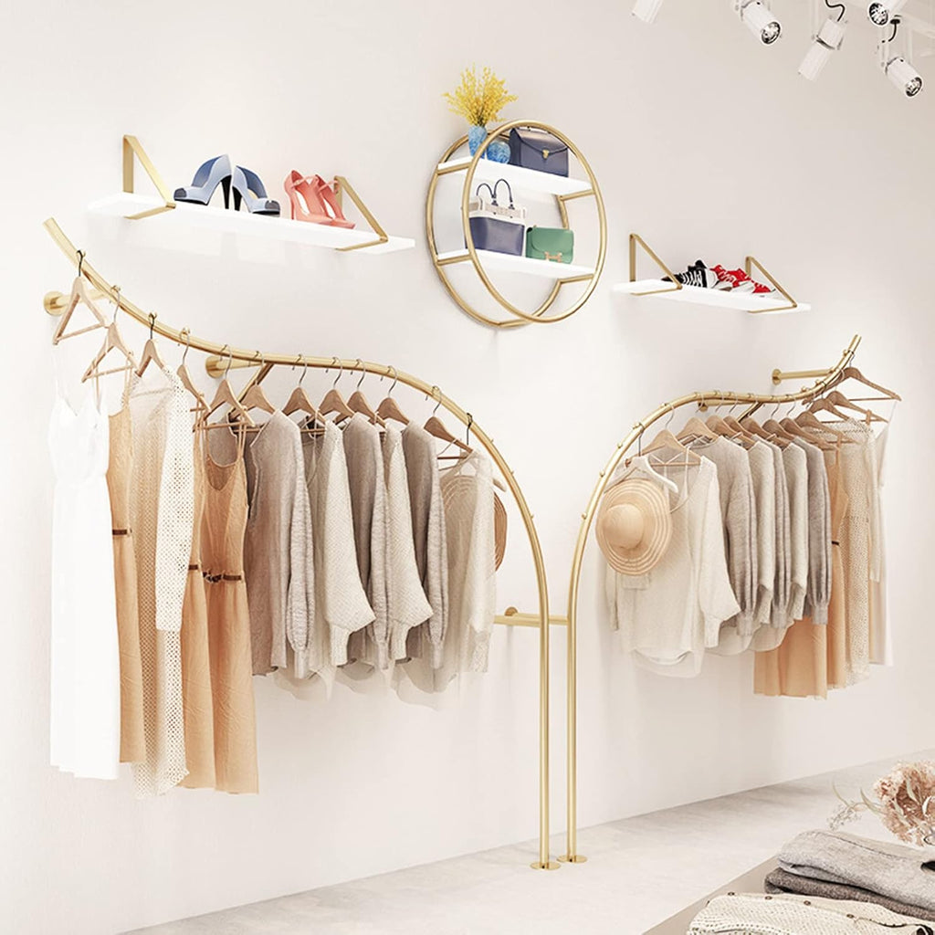 2 Pcs Clothing Store Display Stands Garment Rack, Wall Mounted Storage Clothes Shoe Bag Pipe Shelf, Retail Clothes Hanger Entrance Porch Organization Hanging Rod, Gold Closet Organizer Towel Rack