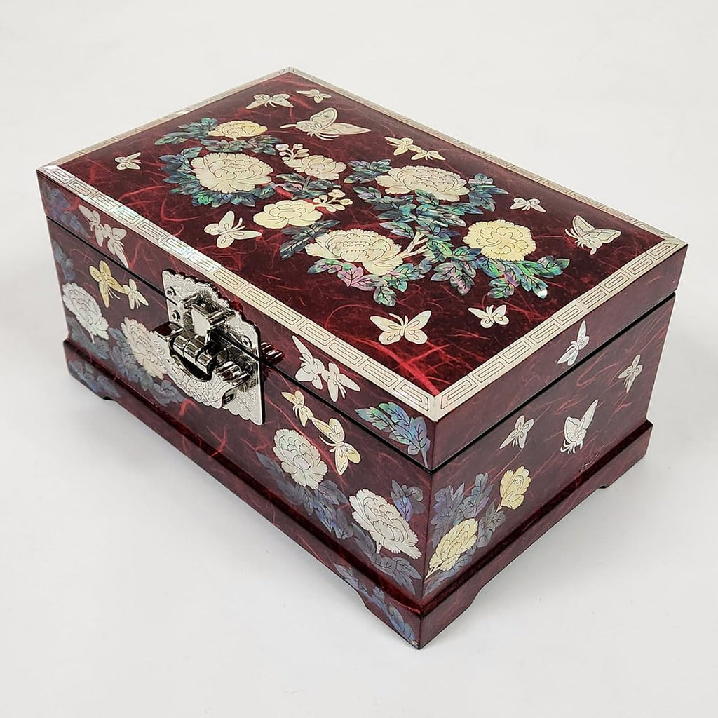 Antique Alive Mother of Pearl Inlay Design Jewelry Box, Wood Jewelry Box, Trinket Case, Keepsake Treasure Chest Box Organizer Holder (Peony Flower)