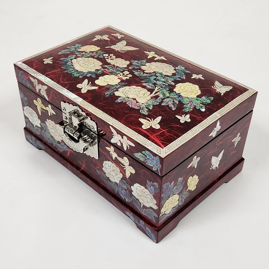 Antique Alive Mother of Pearl Inlay Design Jewelry Box, Wood Jewelry Box, Trinket Case, Keepsake Treasure Chest Box Organizer Holder (Peony Flower)