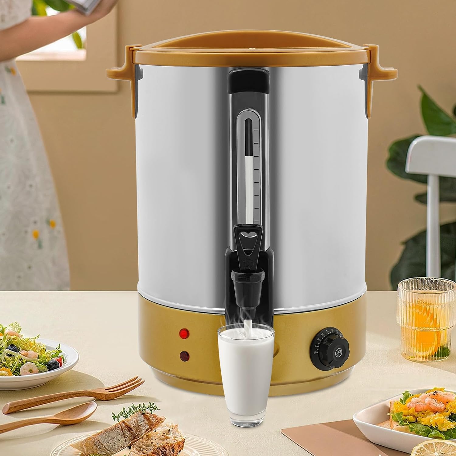 100-Cup Commercial Grade Stainless Steel Percolate Coffee Maker Hot Water Urn for Catering, Hot Water Dispenser 5 Gallons, Large Capacity Heated Beverage Dispenser for Party, Event, Camping, 19L, Gold