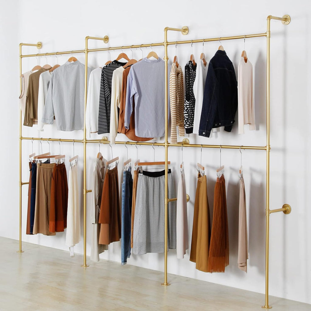 Wall Mounted Industrial Pipe Clothing Garment Racks, Metal Clothing Store Display Stands Clothes Rack Multi-purpose Heavy Duty Hanging Rod for Closet Storage, 134in Gold