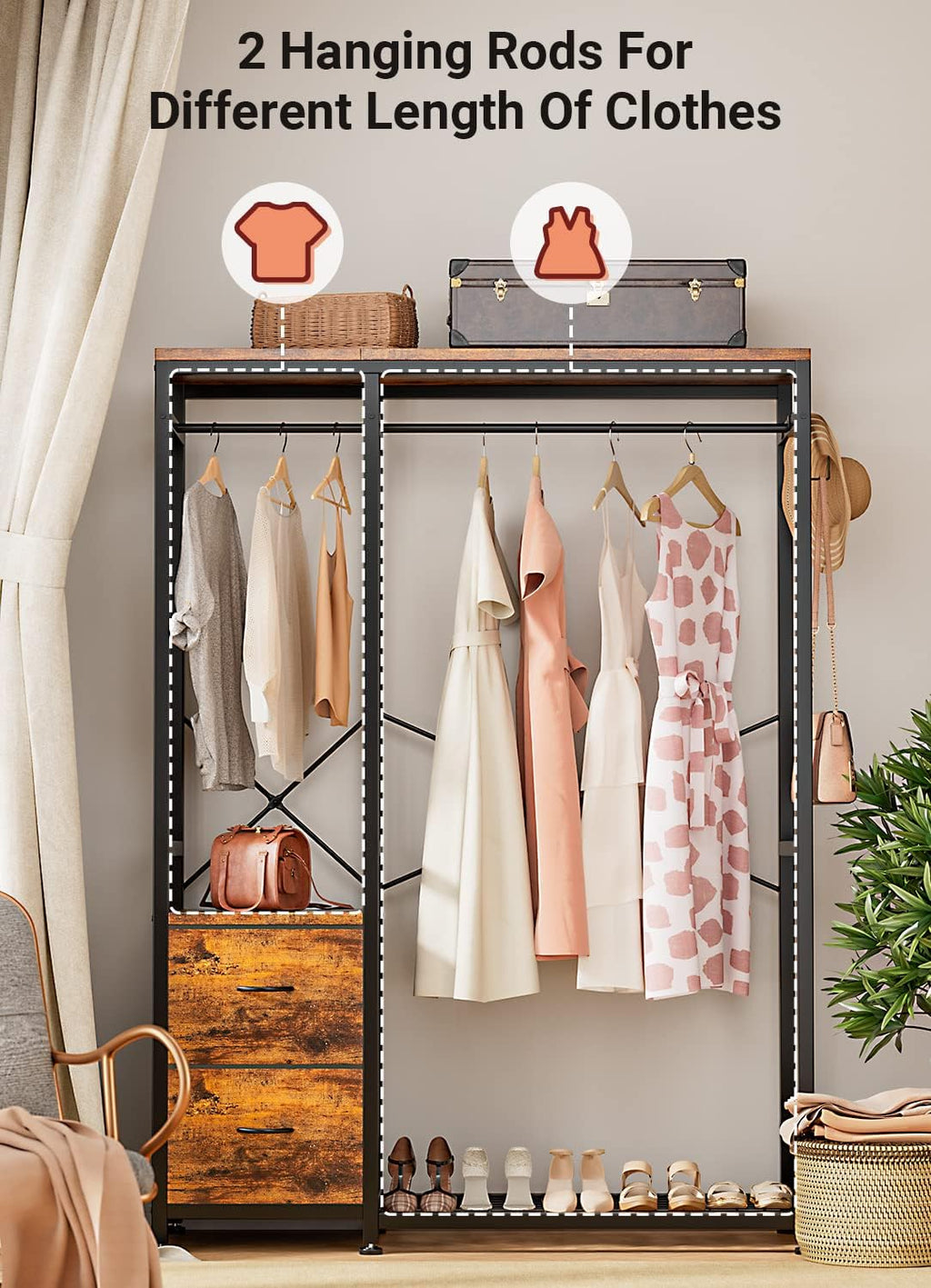 Lulive Clothes Rack with 2 Rods, Shelves, Drawers & Hooks, Garment Rack | Clothes rack with 2 hanging rods (50lbs each), 2 shelves, 2 fabric drawers & 4 hooks. 300lb total capacity. Fits small spaces