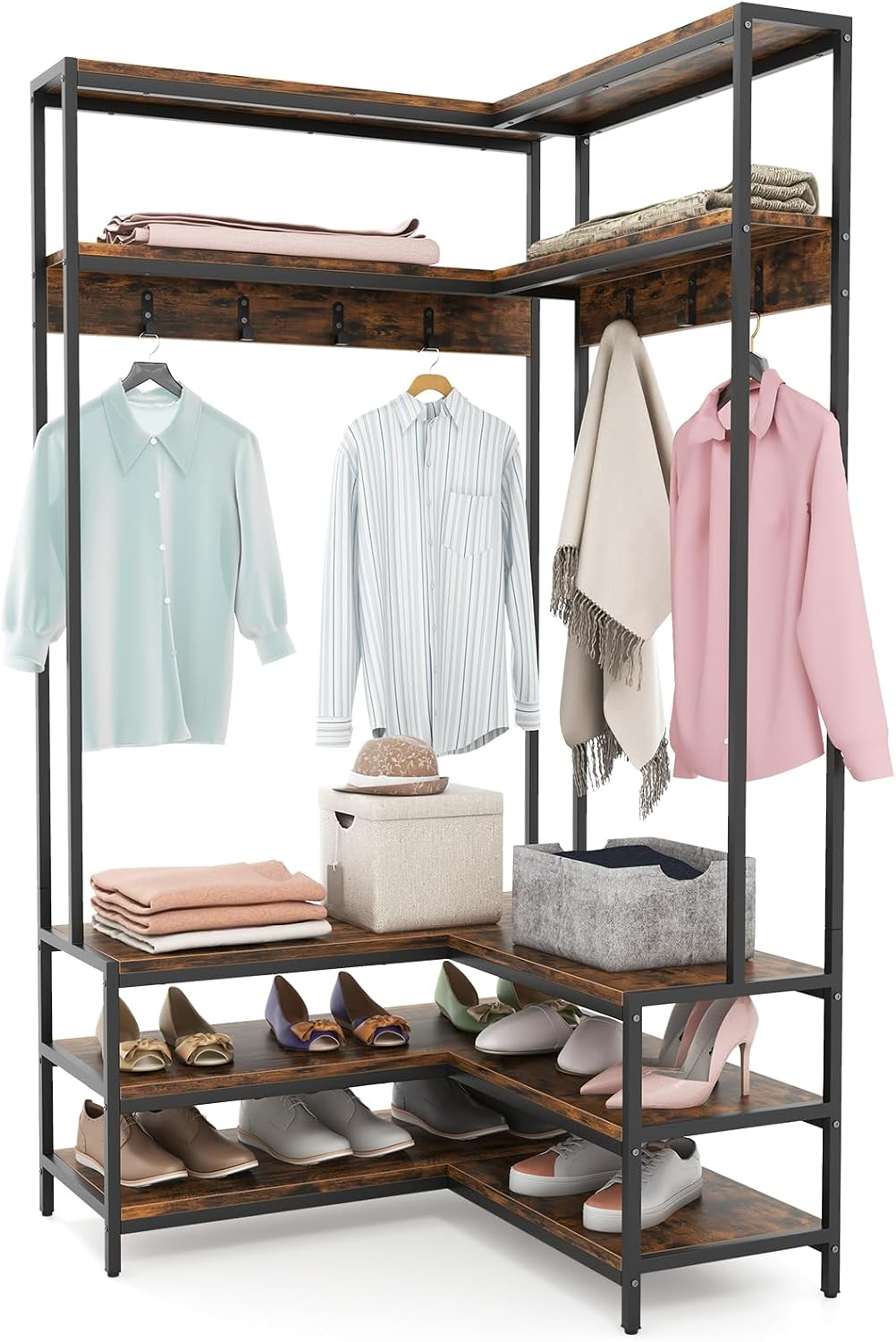 Giantex Corner Coat Rack with Shoe Bench, L-Shaped Garment Rack with 5 Shelves & 7 Hooks, Heavy Duty Freestanding Clothes Rack Entryway Bench with Shoes Organizer for Hallway (Rustic Brown & Black)