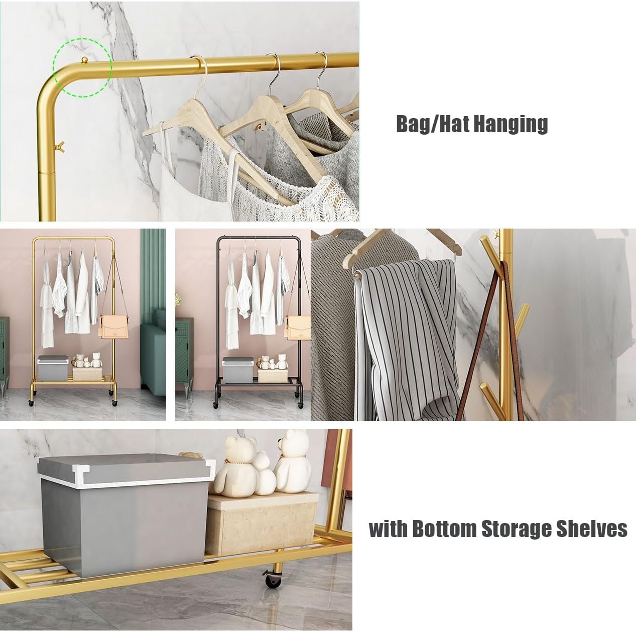 Heavy-Duty Rolling Garment Rack with Wheels, Side Hooks & Storage Shelf, High Capacity Organizer for Bedroom & Laundry Room