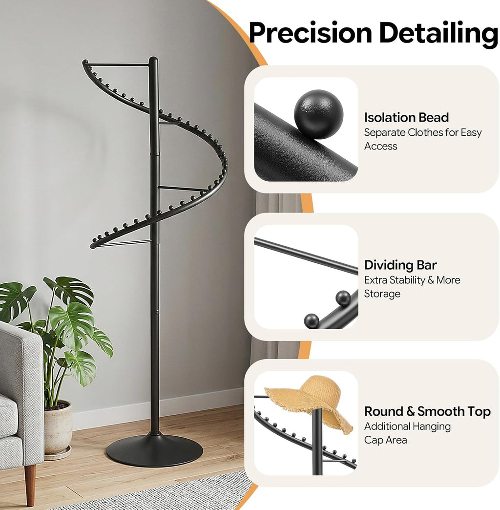 DYRABREST Spiral Rotating Clothing Rack, 5.91ft H 38-Ball Heavy Duty Garment Rack, Space Saving Standing Metal Sturdy Freestanding Hanger for Boutique Bedroom (Black)
