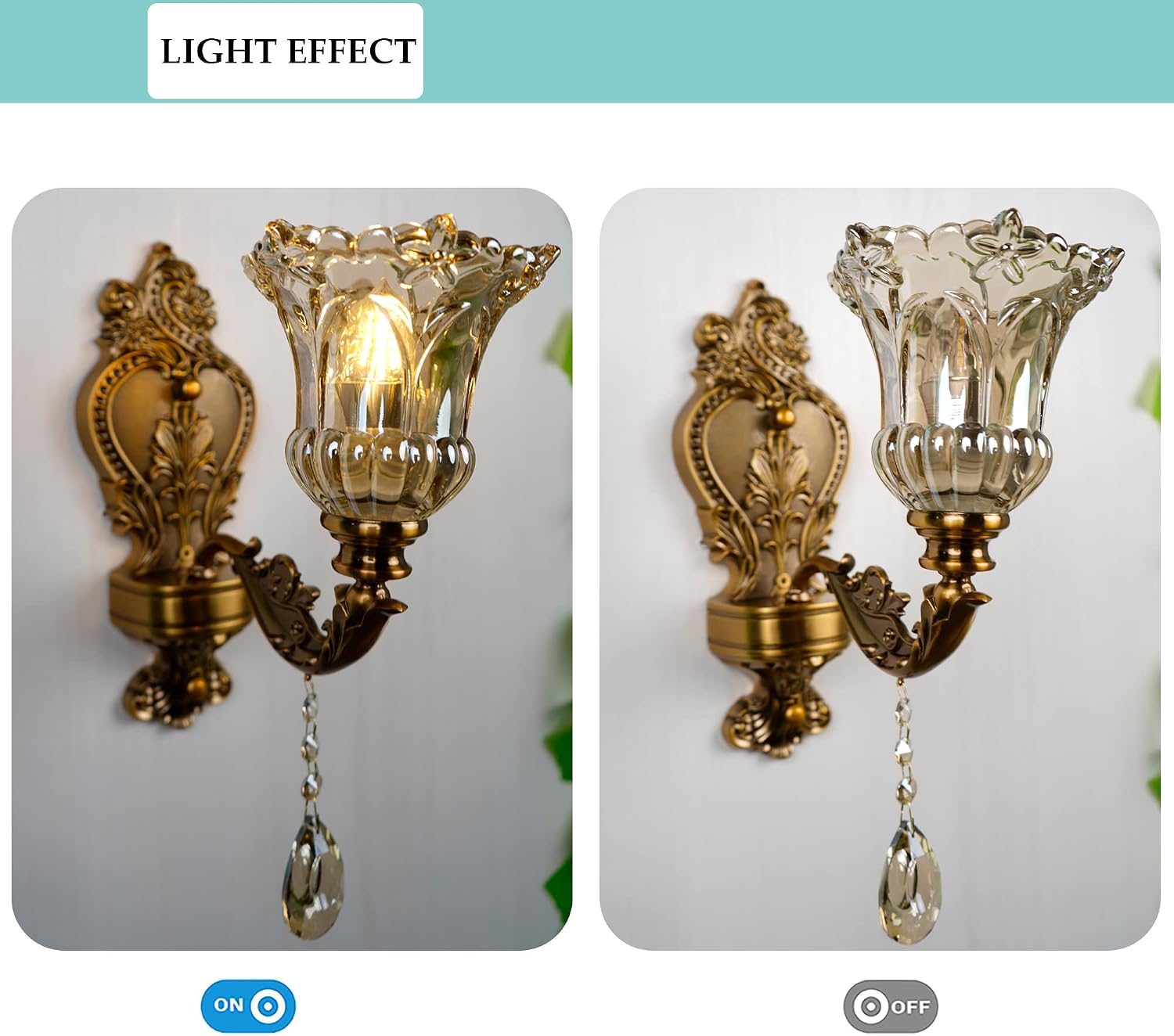 Glass Wall Sconce Set of 2, Antique Brass Wall Light, Crystal Floral Bedside Wall Lamp for Entrance, Bedroom, Hallway