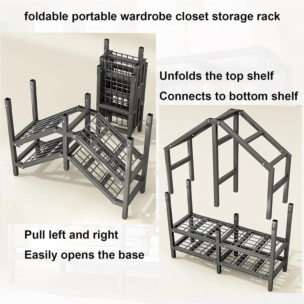 Foldable Clothe Rack, Heavy-Duty Portable Wardrobe for Bedroom Armoires Freestanding Clothing Coat Storage Rack Rolling Garment Rack with Wheel W/Cover Load 2000lbs(150 * 52 * 170cm)