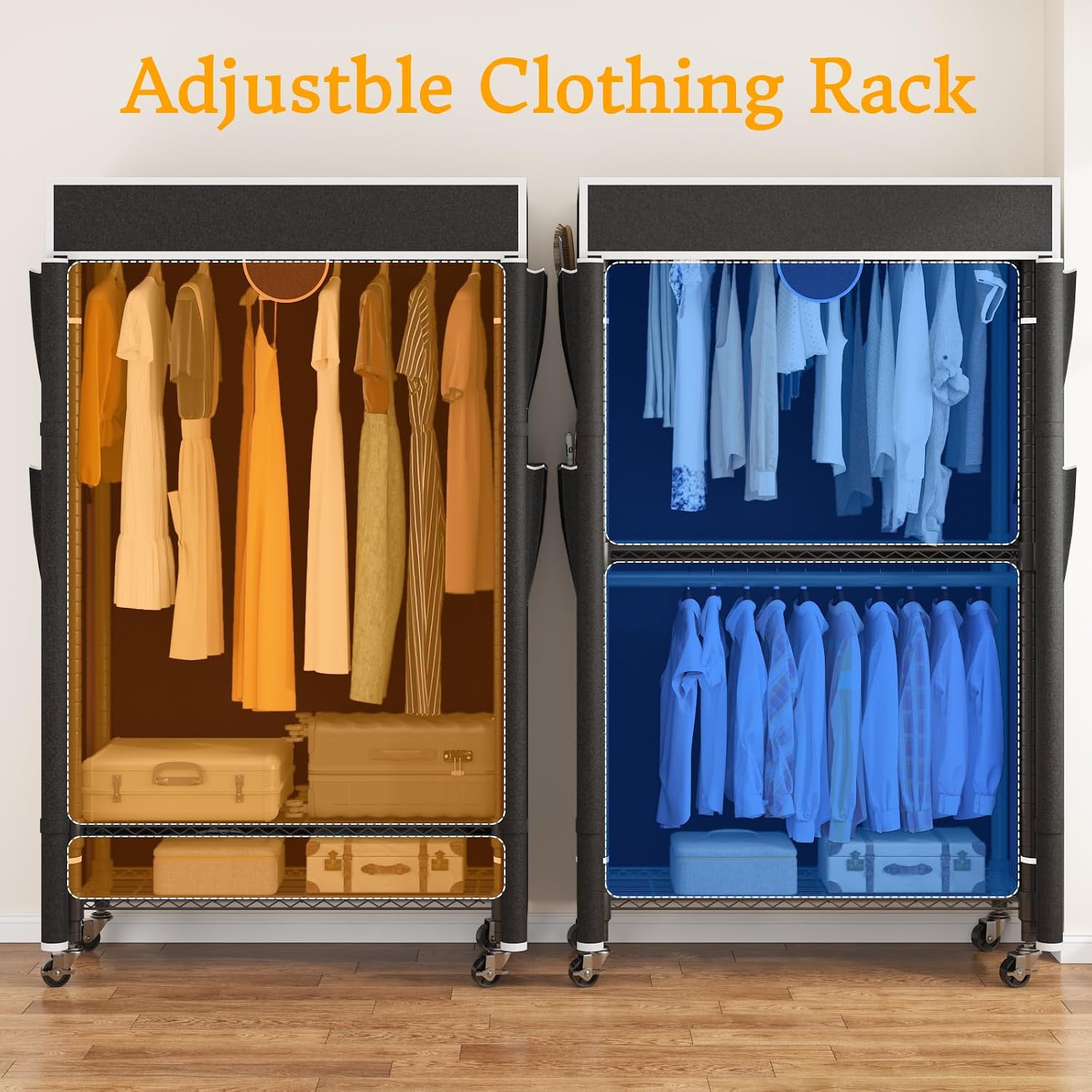 Homdox Garment Rack with Cover, Heavy Duty Clothing Rack for Hanging Clothes, Portable Closet Wardrobe, Double Rods Garment Rack with wheels, 35.1' W x 17.4' D x 80.6' H, Black