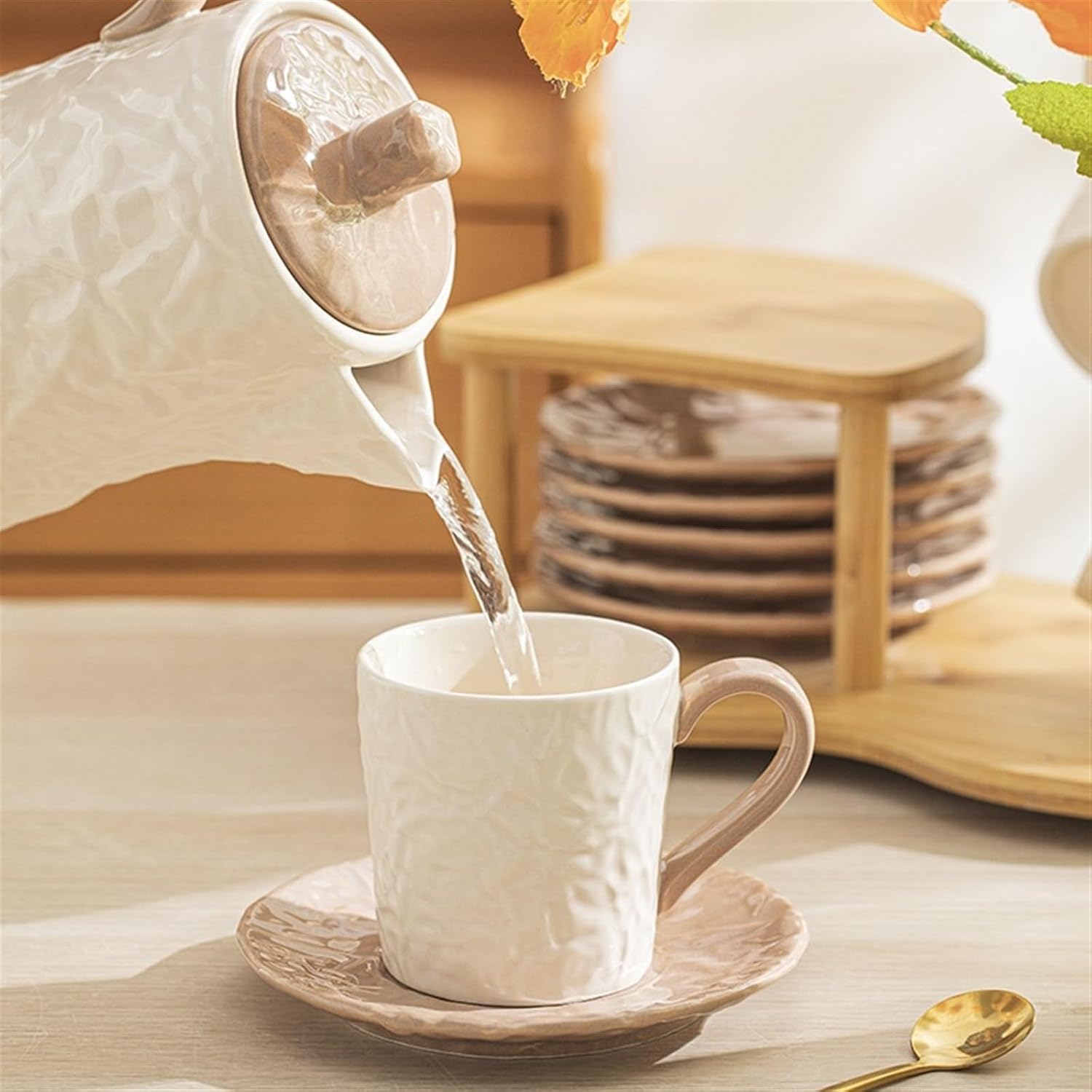 Beverage Serveware Ceramic water cup water set gift box tea cup tea set living room cold kettle flower tea set home coffee set Water Carafe(White)