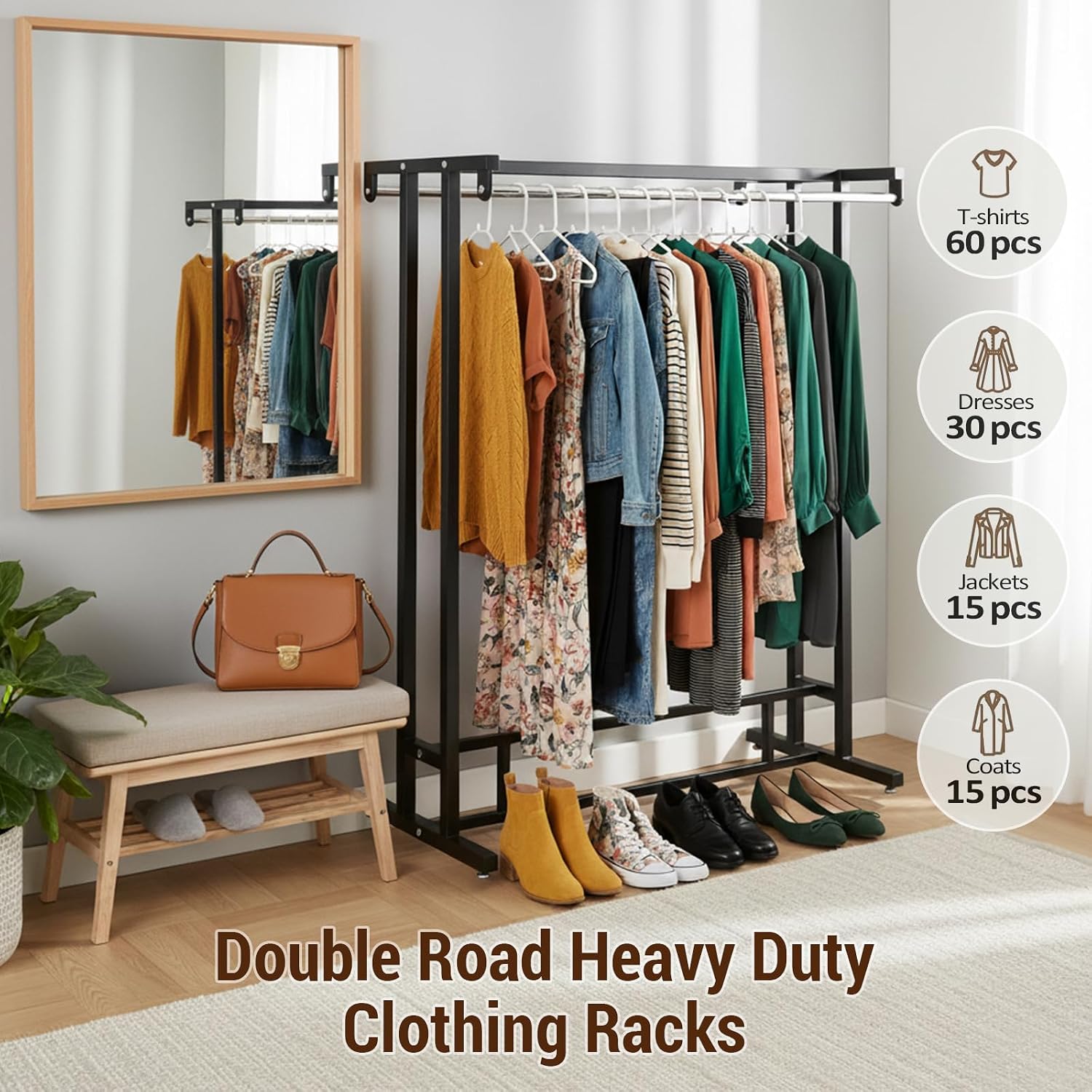 MyGift Black Clothes Rack for Bedroom Laundry Living Room, Heavy Duty Double Rod portable Freestanding Garment Rack Clothing Hanger Stand with Built-In Shelf and Storage