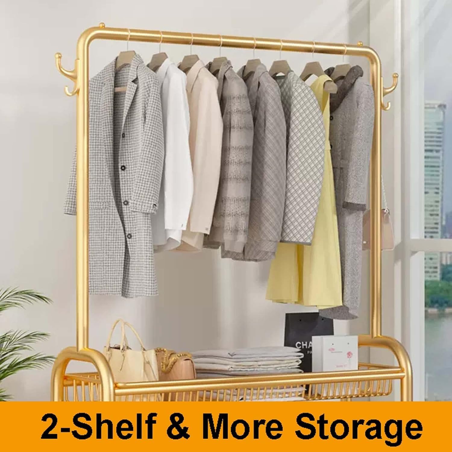 Clothes Rack On Wheels 31x14x61 in, Clothing Rack with Bottom Mesh Storage Shelf, Modern Simple Heavy Duty Metal Rolling Garment Rack with Wheel, Metal Coat Wardrobe Rack
