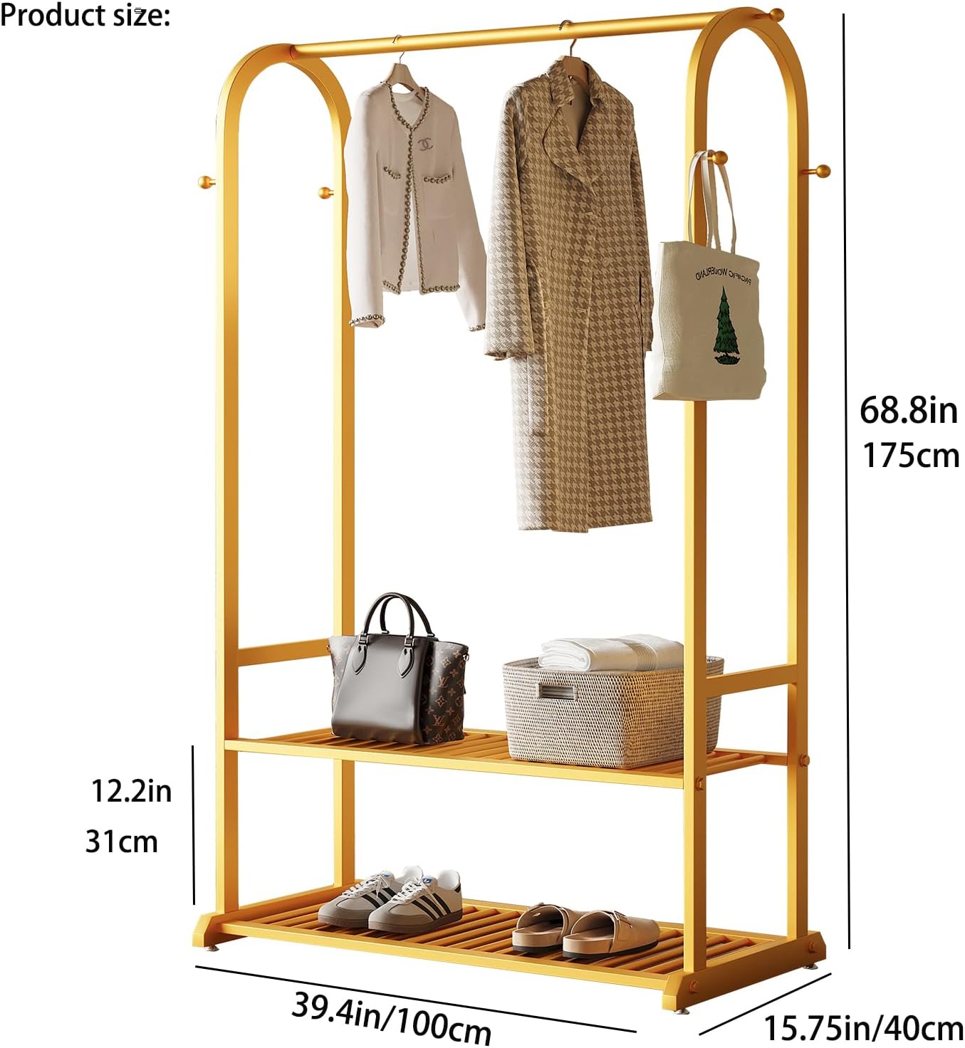 Gold Clothing Rack for Hanging Clothes,Sturdy metal clothes rack,Modern Garment Rack with Bottom Storage Shelves and 6 Side Hooks, Freestanding Wardrobe Rack for Bedroom or Closet
