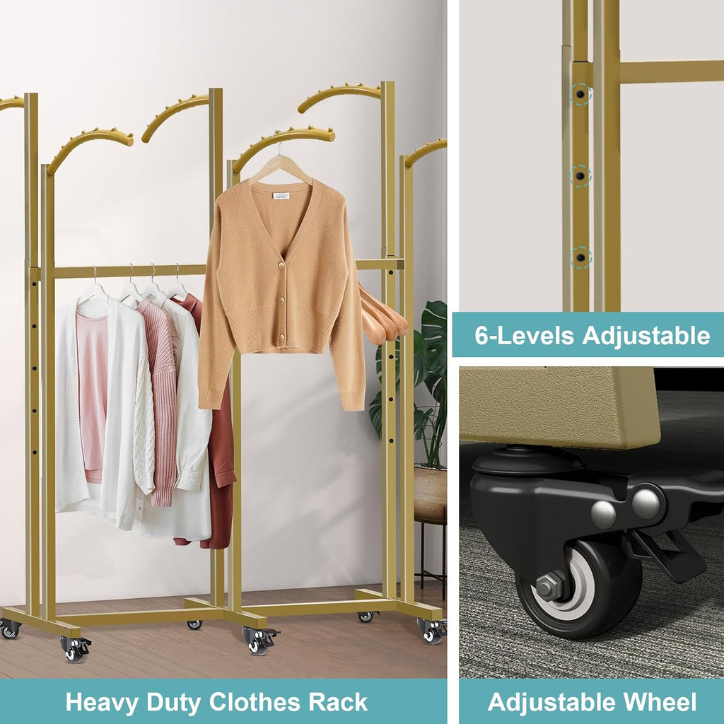 Floor Standing Metal Garment Rack, 6 Arms Clothing Display Rack with Wheels, Heavy Duty 48'' to 67'' Adjustable Height Retail Clothes Rack Rolling Shirt Rack for Hanging Clothes, Gold