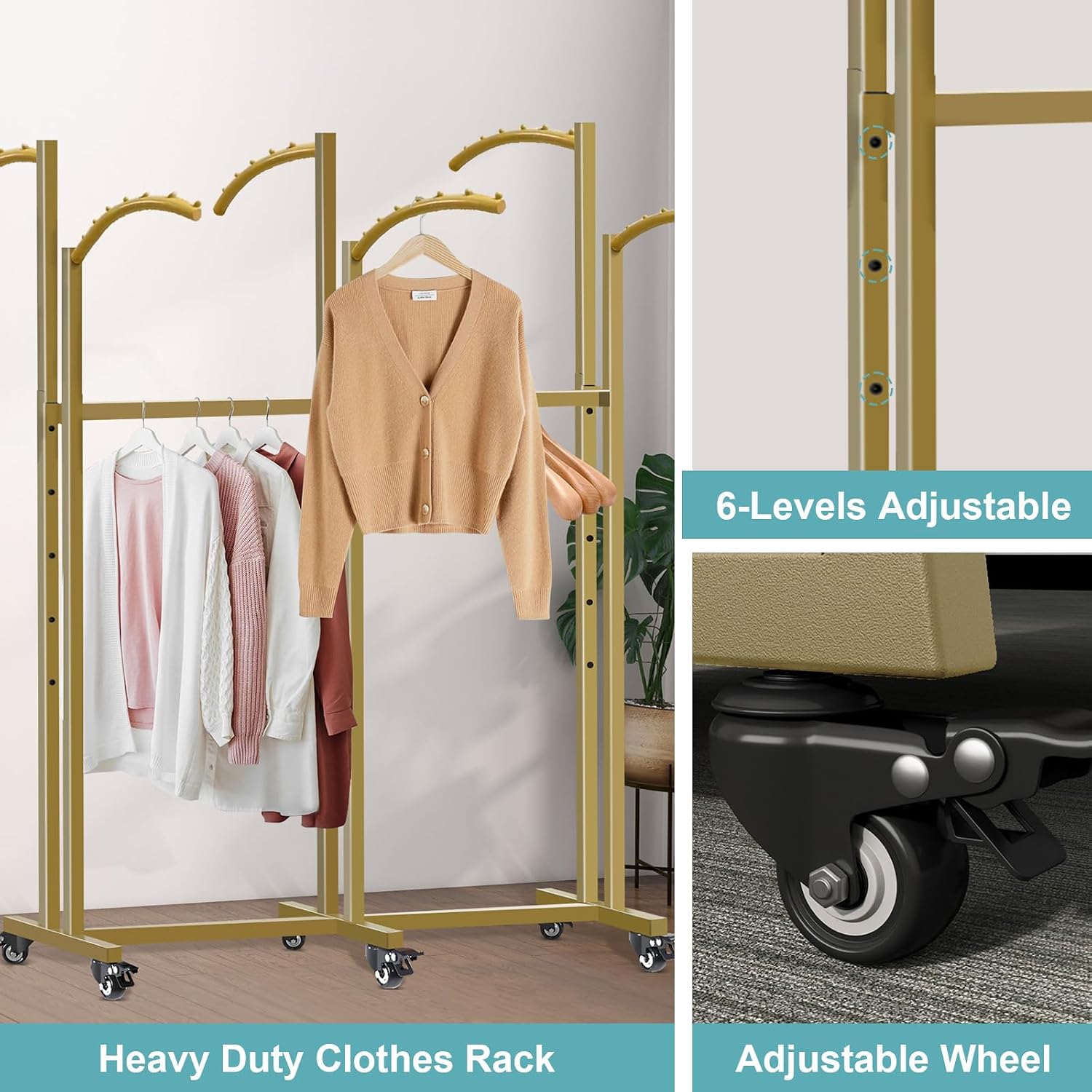 Floor Standing Metal Garment Rack, 6 Arms Clothing Display Rack with Wheels, Heavy Duty 48'' to 67'' Adjustable Height Retail Clothes Rack Rolling Shirt Rack for Hanging Clothes, Gold