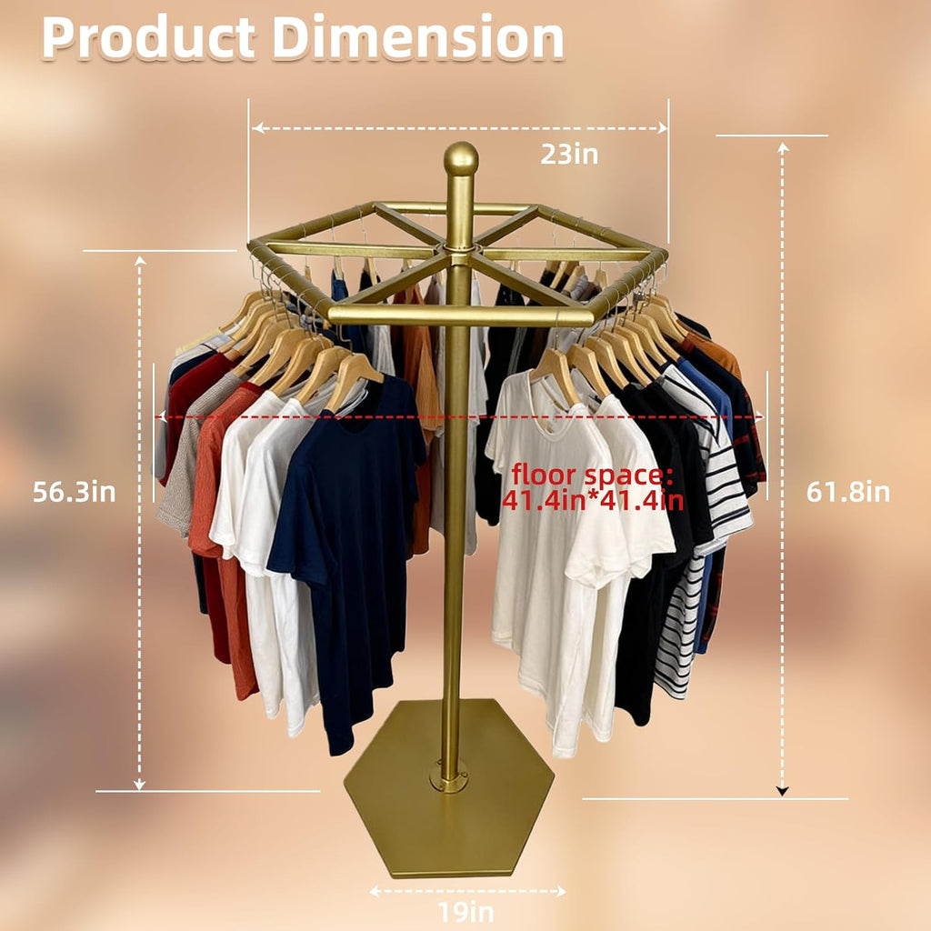 23-Inch Heavy-Duty Metal Rotating Clothes Rack, 42' x 42' Footprint, Rack Load 200lbs,Gold Round Clothing Rack with Adjustable Base Pads, Base Supports M8 Caster Wheels, For Home & Retail