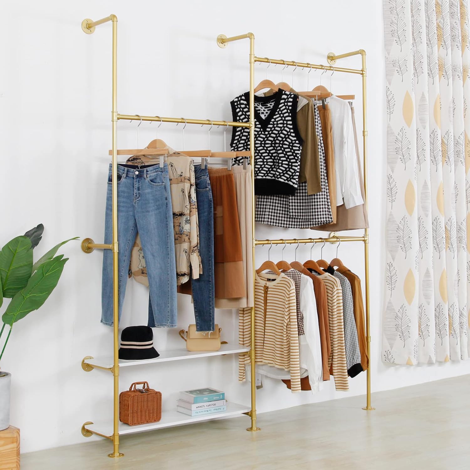 Industrial Style Wall Mounted Clothing Rack - Heavy Duty Pipe Garment Rack with Wood shelves, Multi-Functional Wardrobe System for Boutique/Closet,Gold (74.8' W x91.7 H)