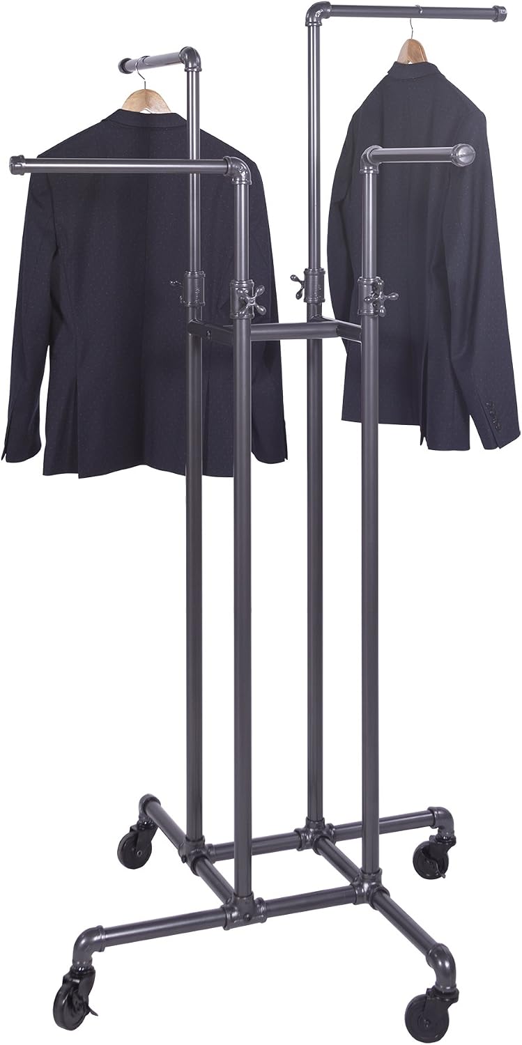 Clothing Rack Econoco - Heavy Duty Pipeline Adjustable, 4 Way Rack, Plumbing Pipe Clothes Rack, Anthracite Grey