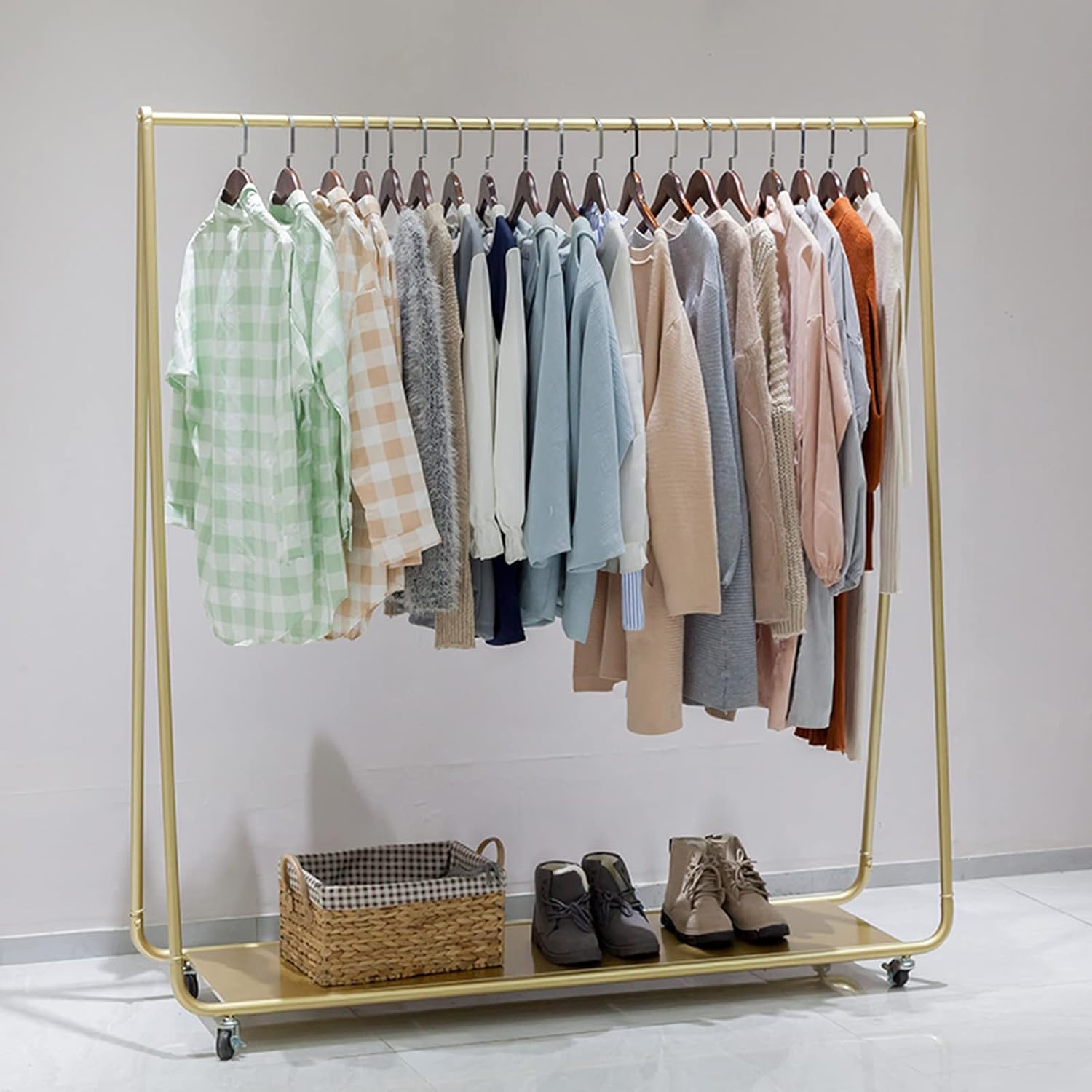 Simple Fashion Rolling Garment Rack with Wheels Metal Cloth Hanger Rail Stand Clothes Drying Rack Hanging Clothes Storage with Top Rod nizer Shirt and Shoe Storage Shelf