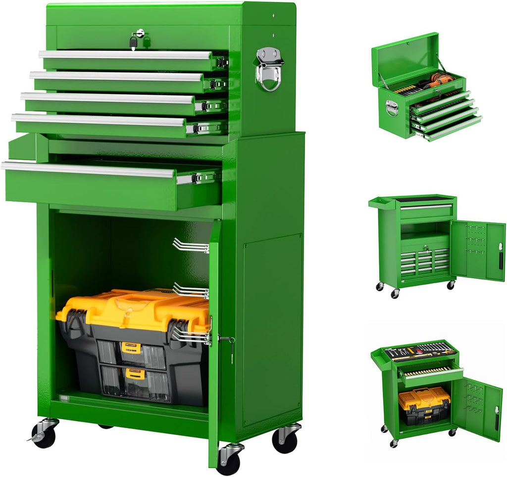 Incbruce 5-Drawer Metal Rolling Tool Chest, High Capacity Toolbox Organizer with Wheels, Detachable Tool Cabinet Top for Mechanics Garage and Workshop (Green)
