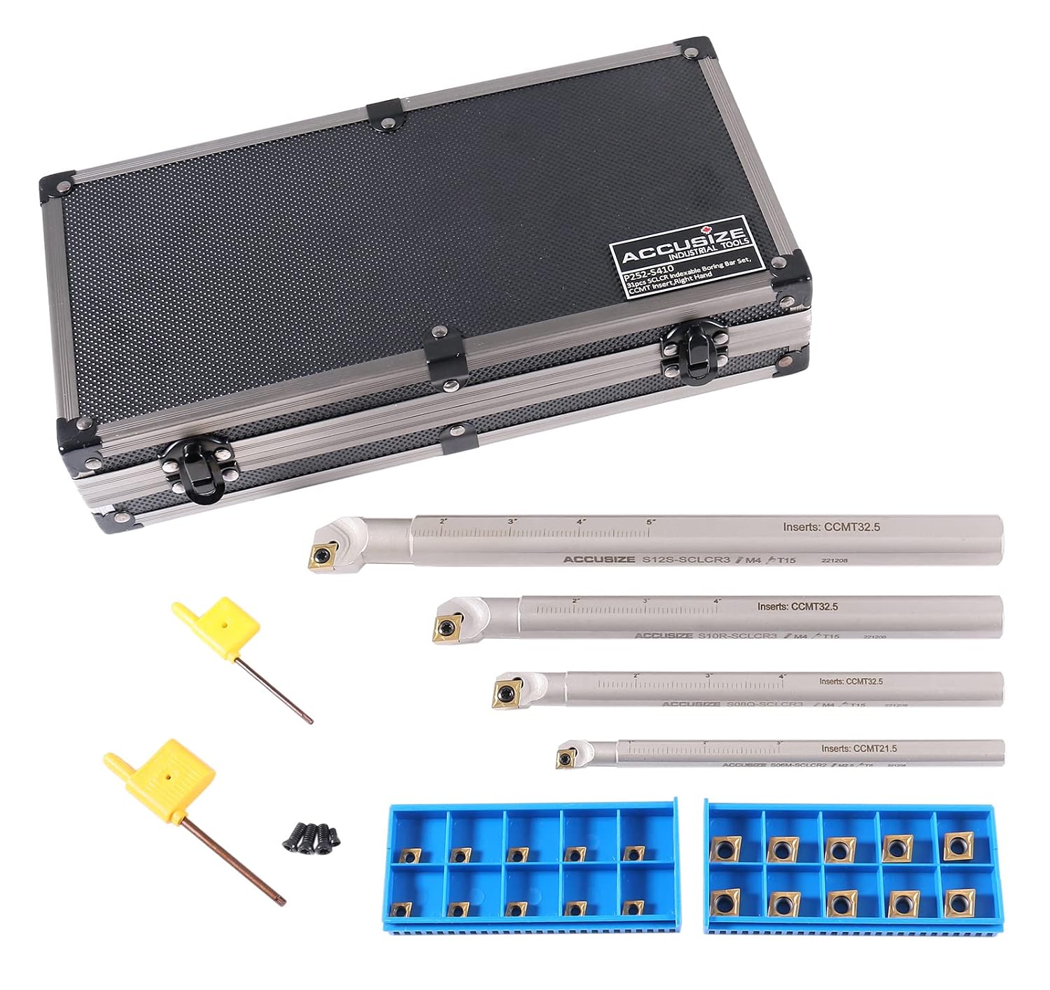 Accusize Sclcr Indexable Boring Bar Set, 3/8', 1/2', 5/8', 3/4' for Steel | 31 Pc Set with 20 TiN Coated CCMT Carbide Inserts, Negative 5° Angle, 45HRC, Torx Screw Retention, P252-S410